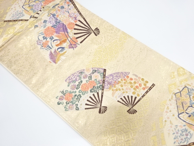 扇面に鴛鴦・草花模様織り出し　袋帯